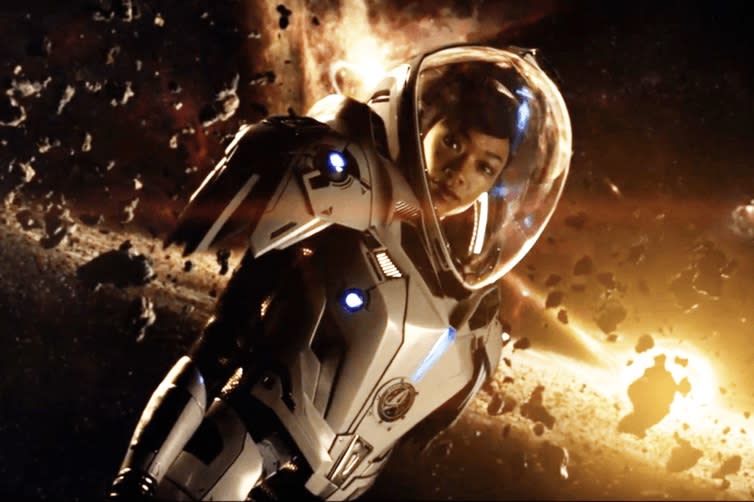 Cmdr. Michael Burnham (Sonequa Martin-Green) goes on a scientifically implausible spacewalk in <em>Star Trek: Discovery</em>. <cite>CBS</cite>